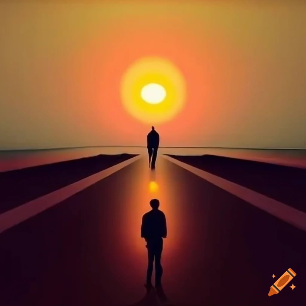 Man walking on path towards sunset with warm golden glow on Craiyon