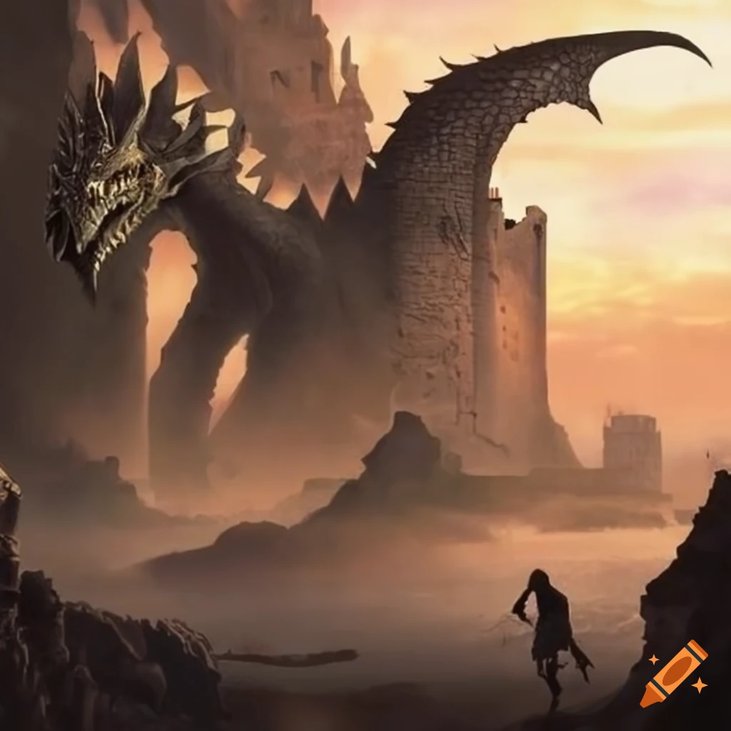 Dragon in a ruined castle with a person approaching on Craiyon
