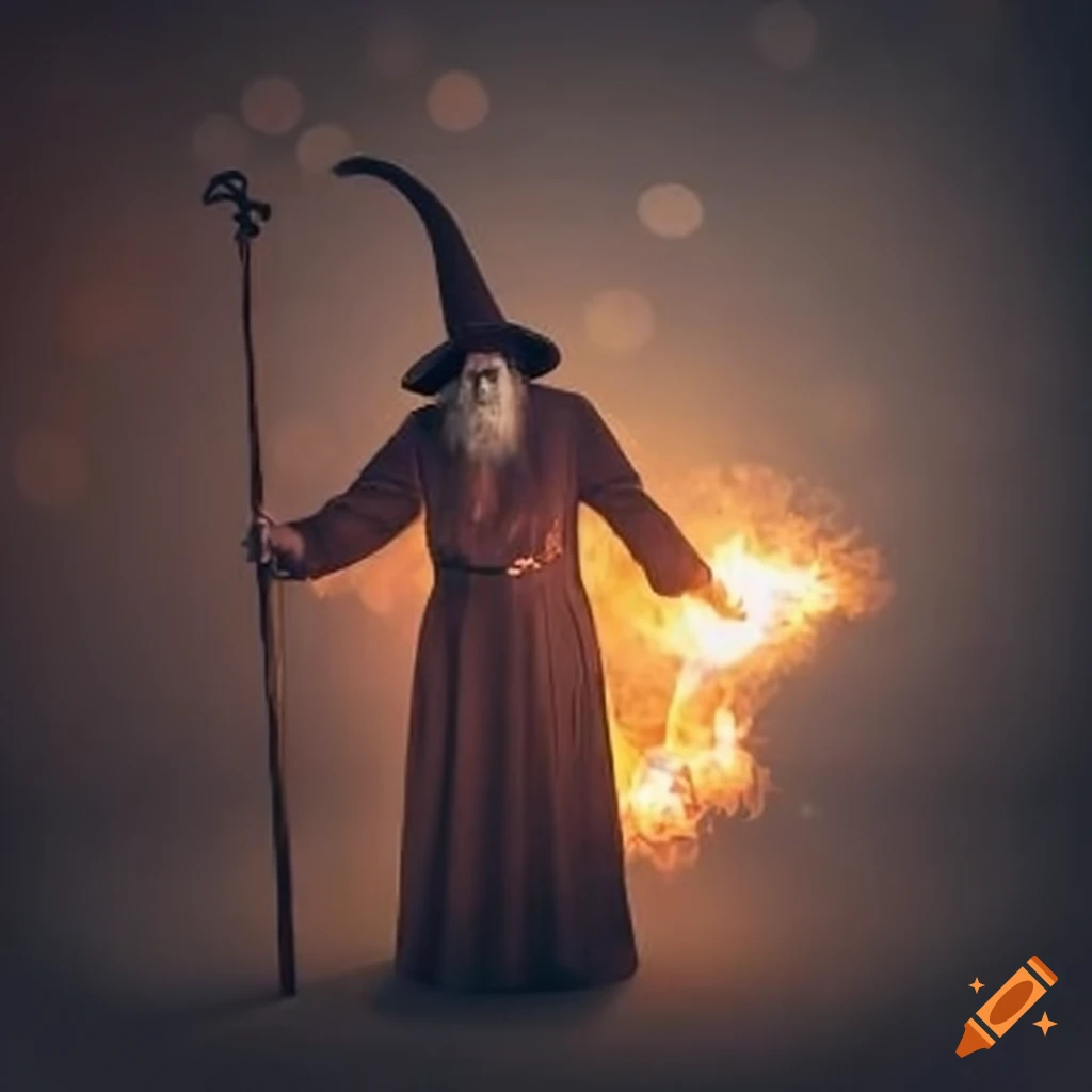 Wizard casting fireball with robe, hat, staff, and white beard