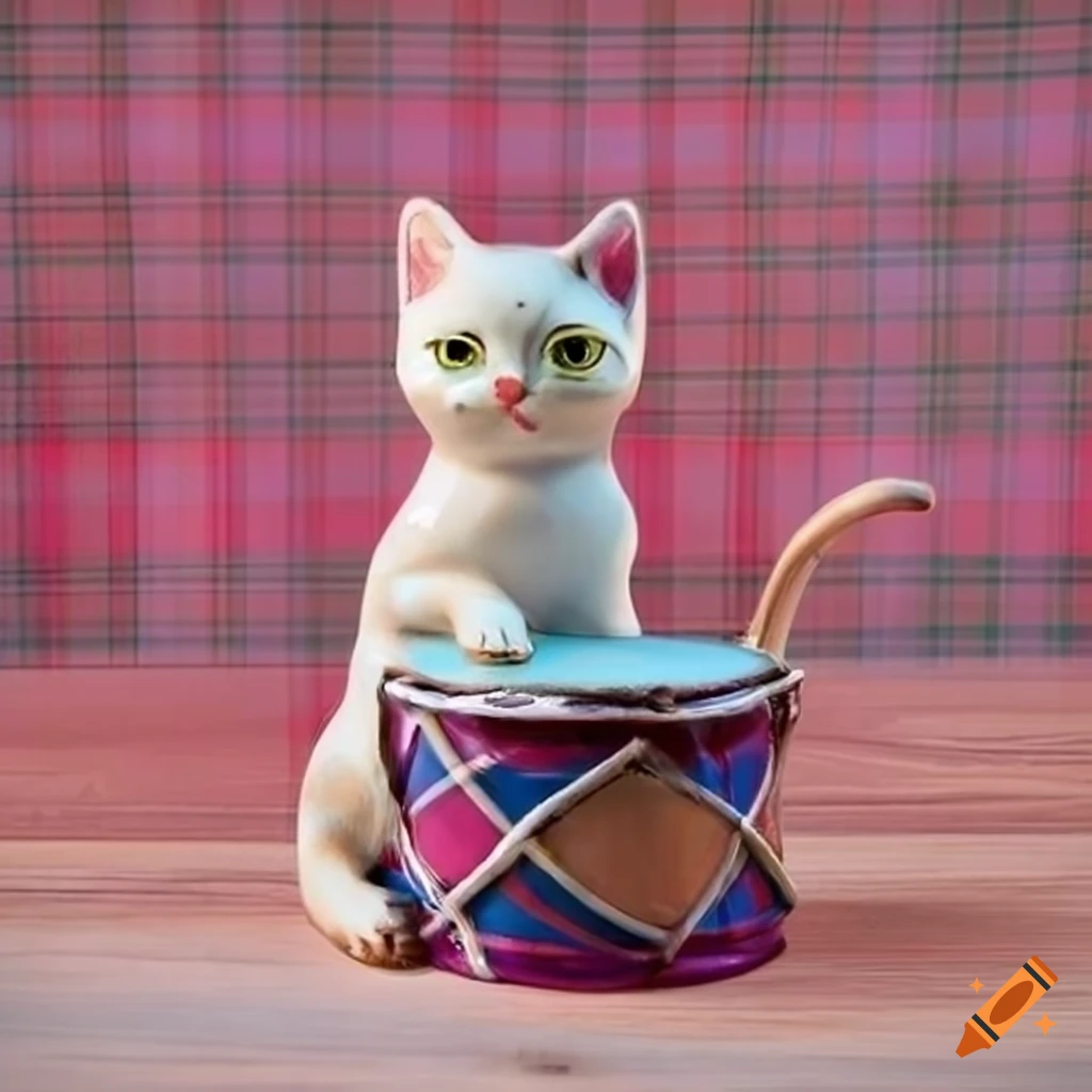 Hand painted ceramic kitten with drum on pink tartan background