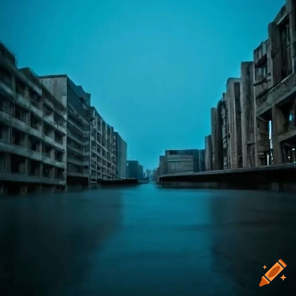 Brutalist construction with wet asphalt reflecting fog in cold colors