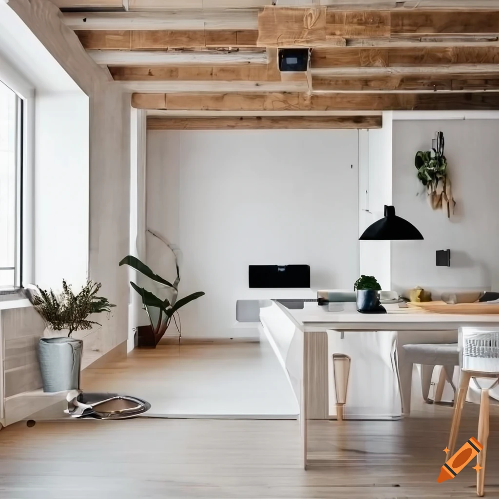 Wide view of a minimalist white Danish loft with designer furniture