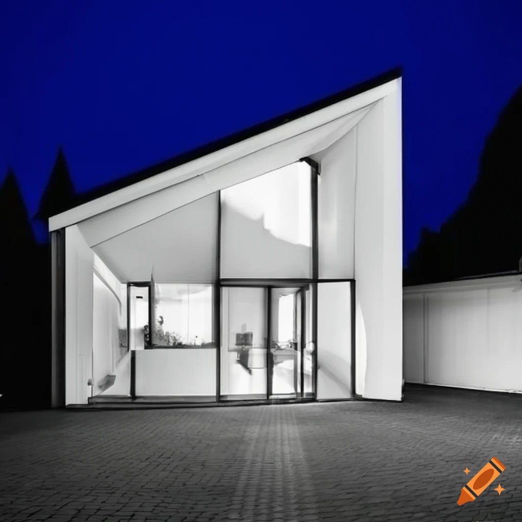 House in Bauhaus style in white color with single storey, shed roof, large windows, in a triangular form