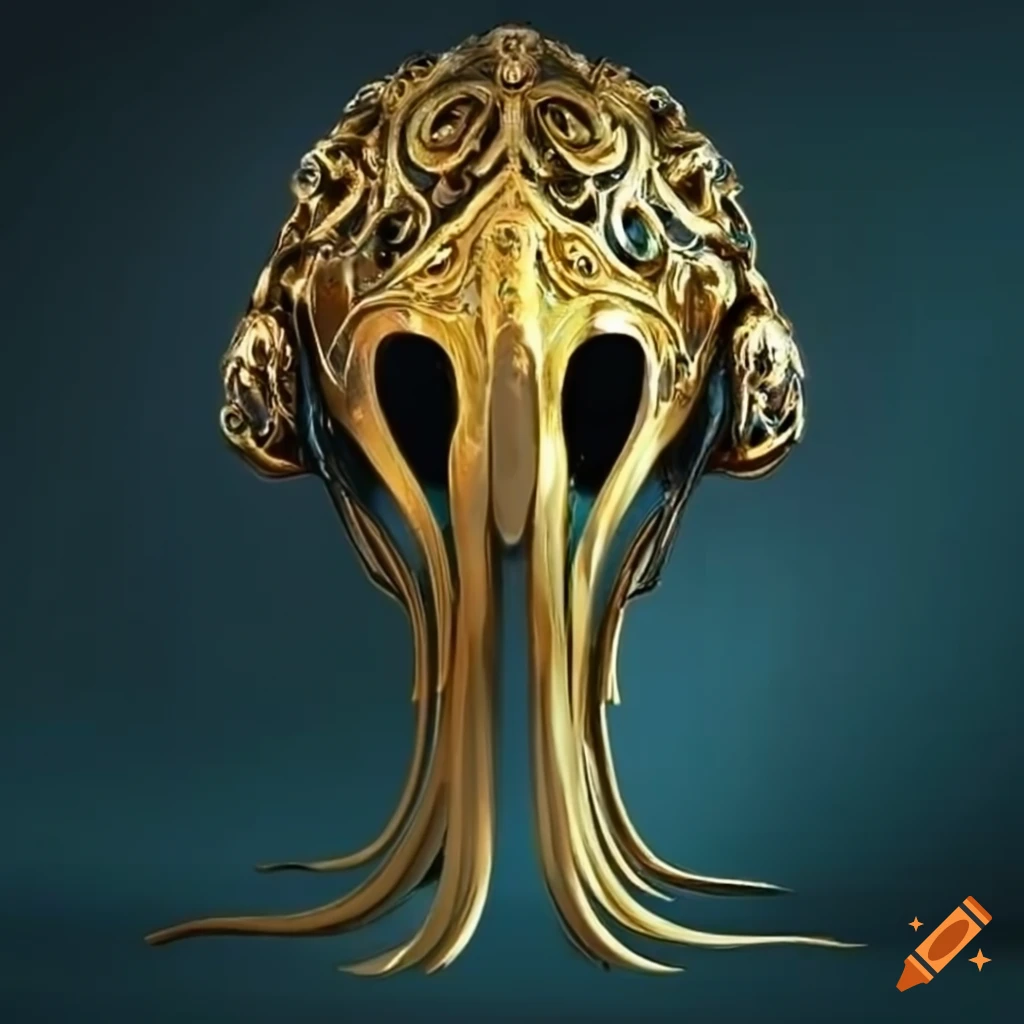 Unique golden helmet with squid beak motif design