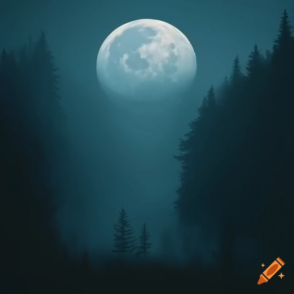 Dark forest with fog in a moonlit valley