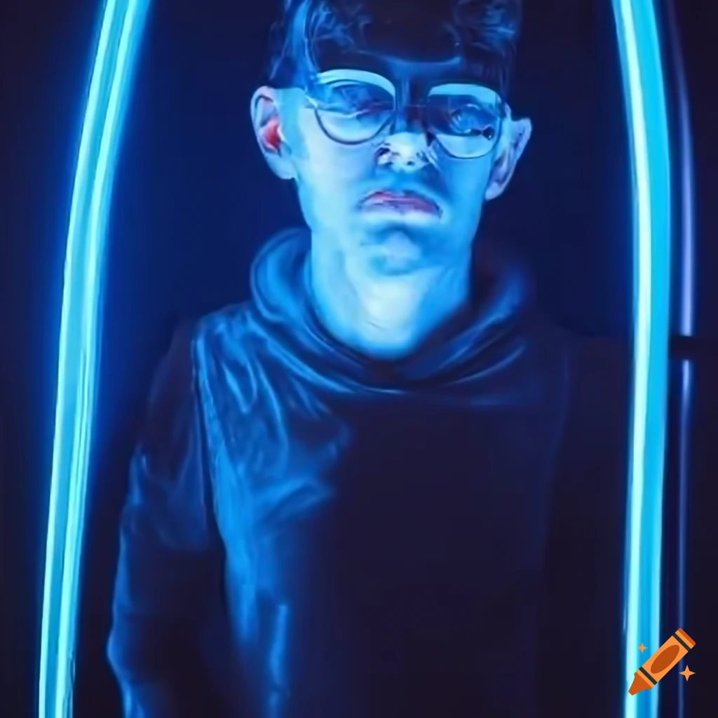 PhotoRealistic skinny male cyborg with glasses under neon lighting