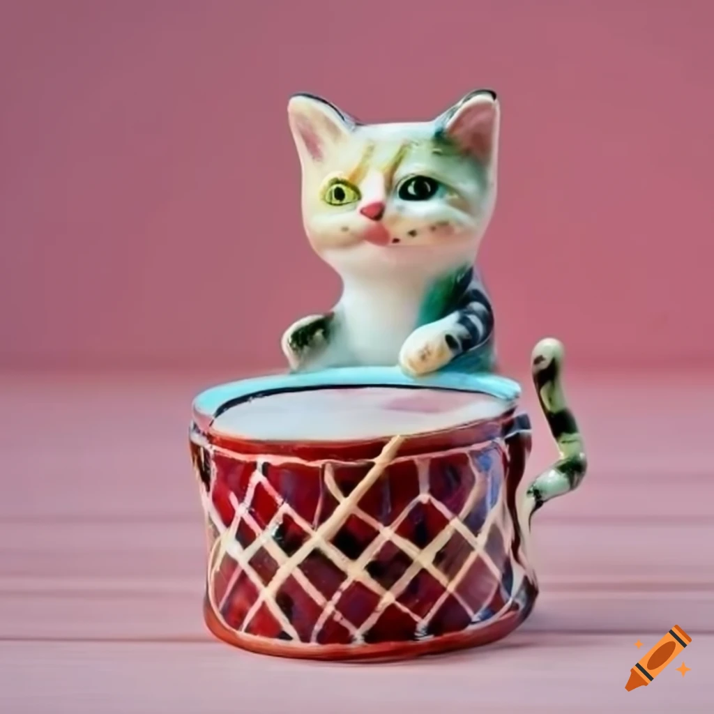 Ceramic kitten playing a drum on a pink tartan background