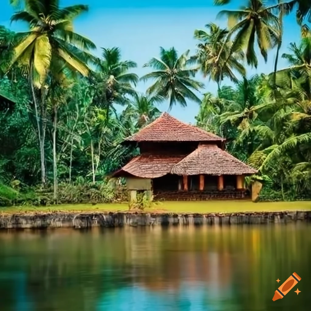 Traditional house in Kerala surrounded by coconut trees and backwaters