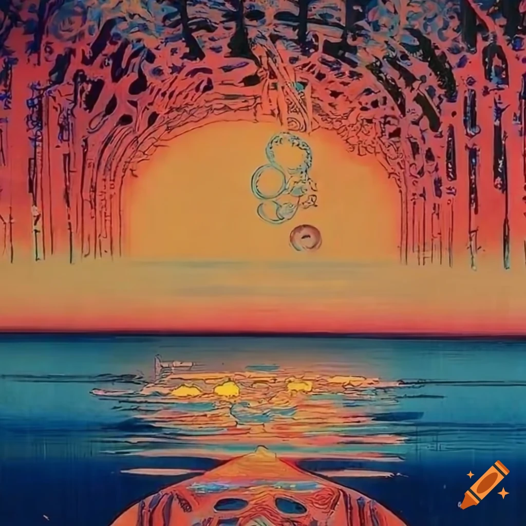 Surreal psychedelic ethereal mirage of enlightenment reflecting in the sea