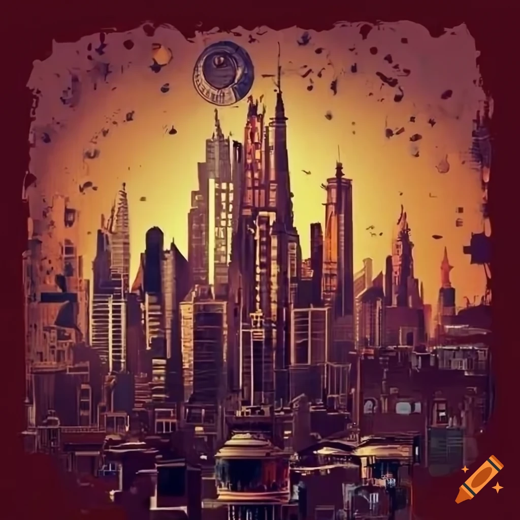 Retro art style vintage dystopian cityscape