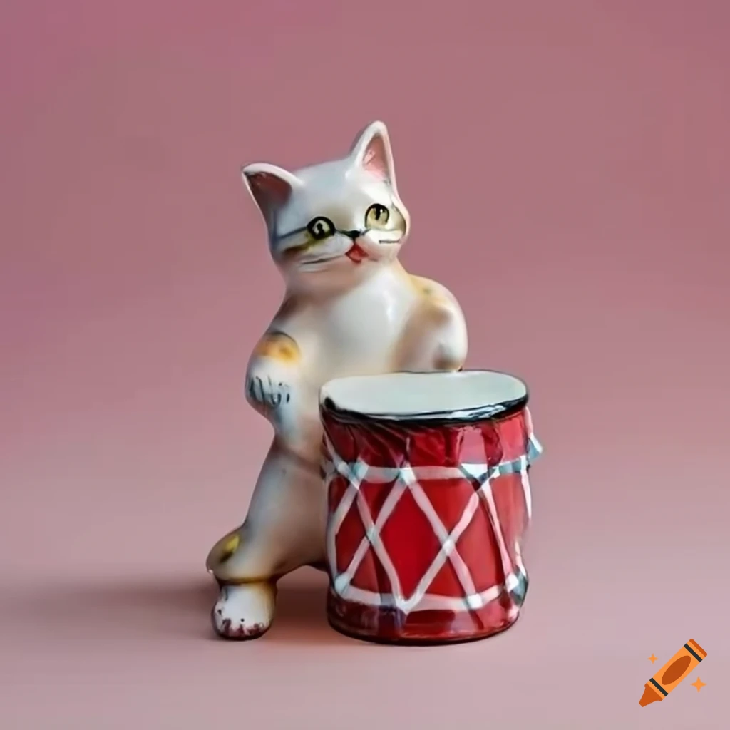 Ceramic kitten playing a drum on a pink tartan background