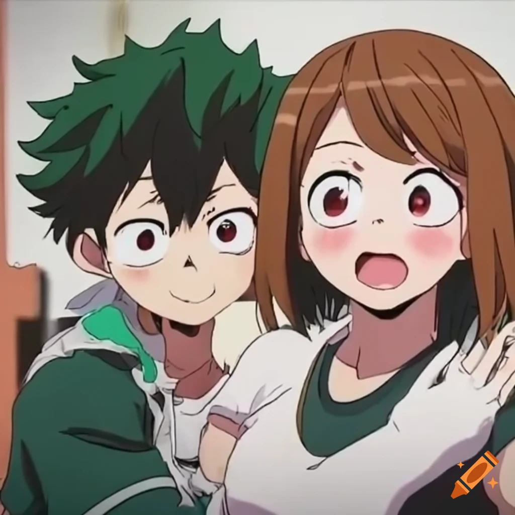 Cute photography of Izuku Midoriya and Ochaco Uraraka embracing near a train