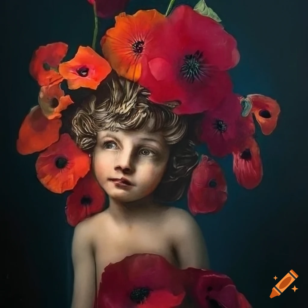 Hyperrealistic cherubs with poppies on a black background