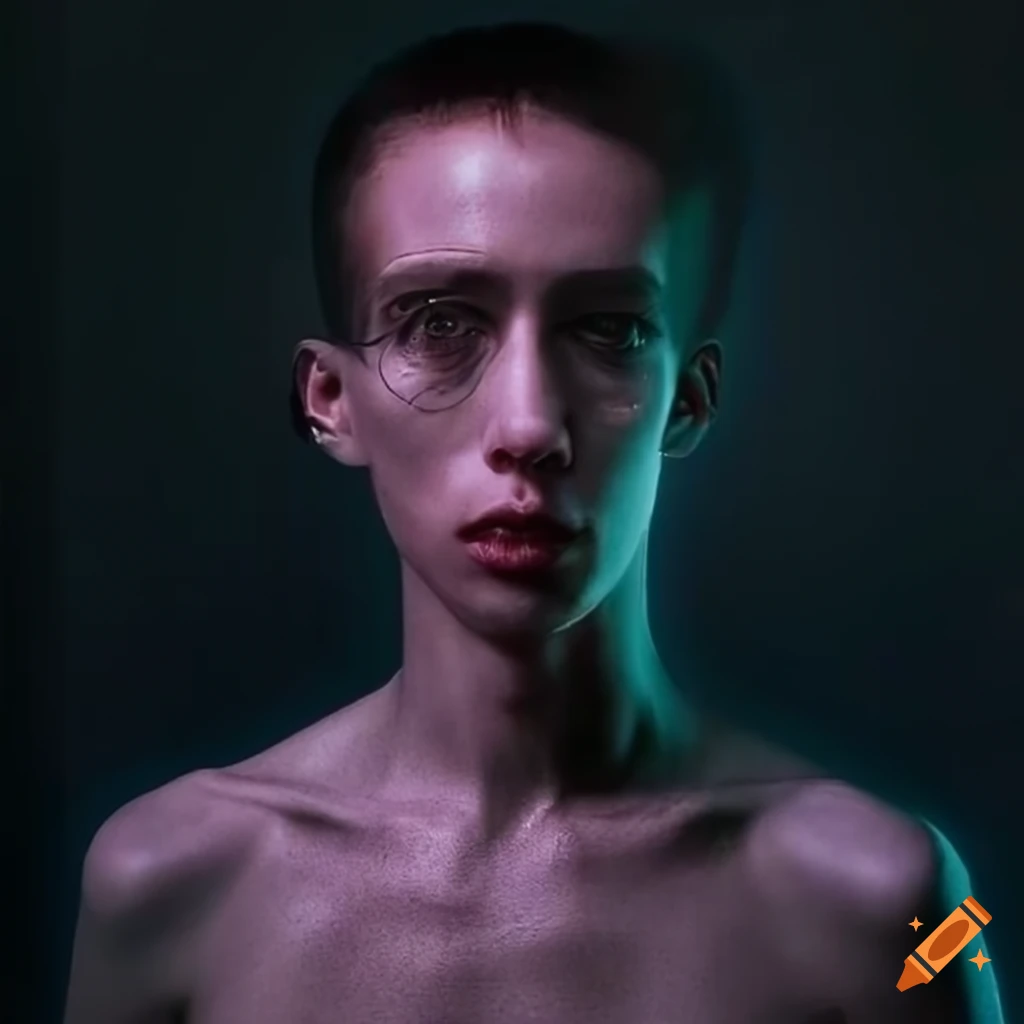 Hyperrealist image of a skinny male dimension traveler in futuristic transparent streetwear