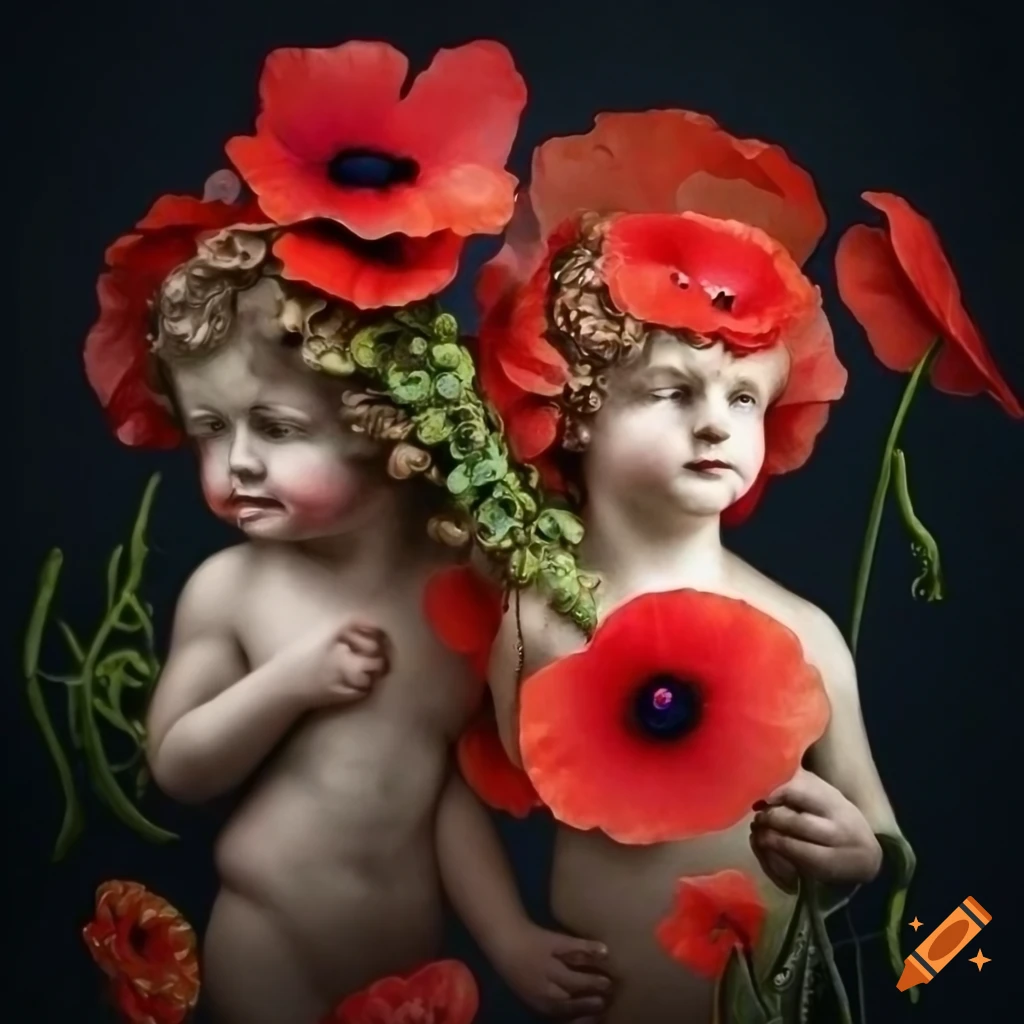 Hyperrealistic cherubs with poppies on a black background