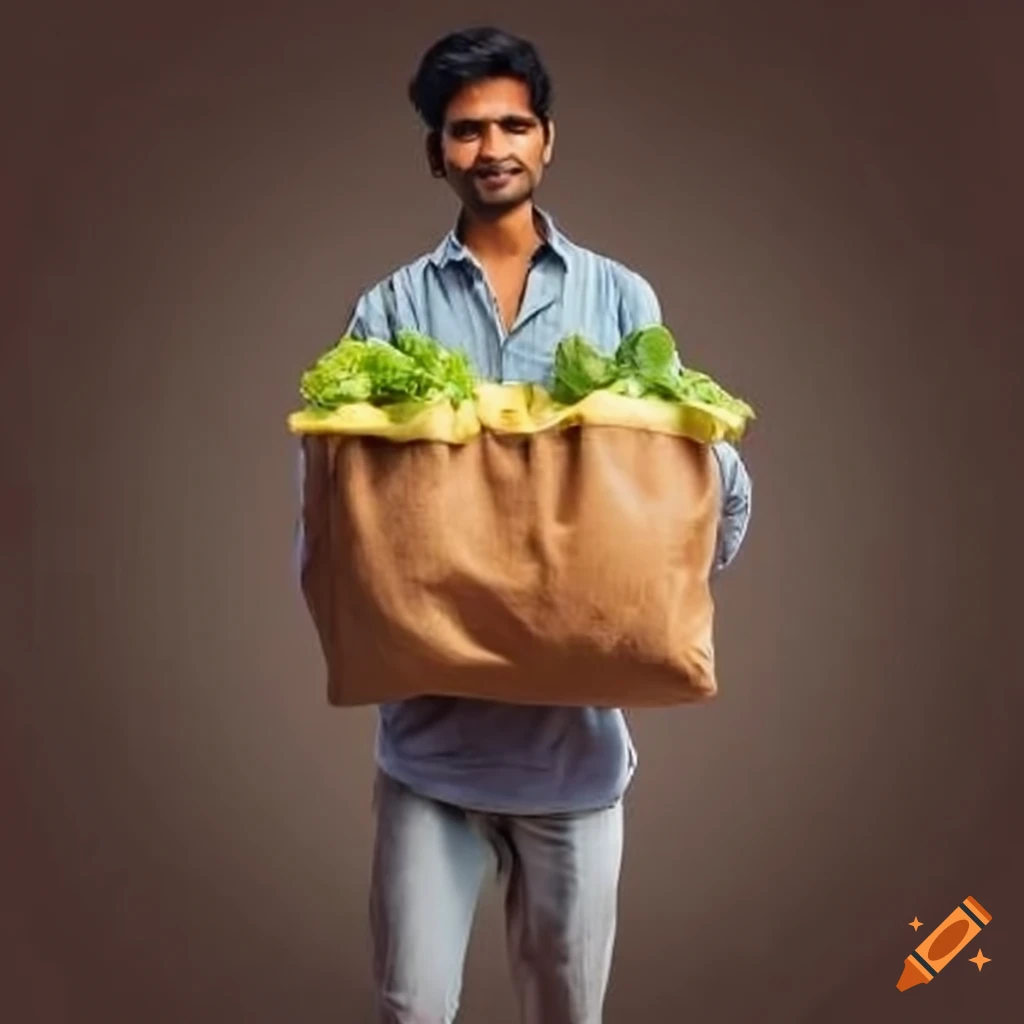 Indian men holding a bag of vegetables