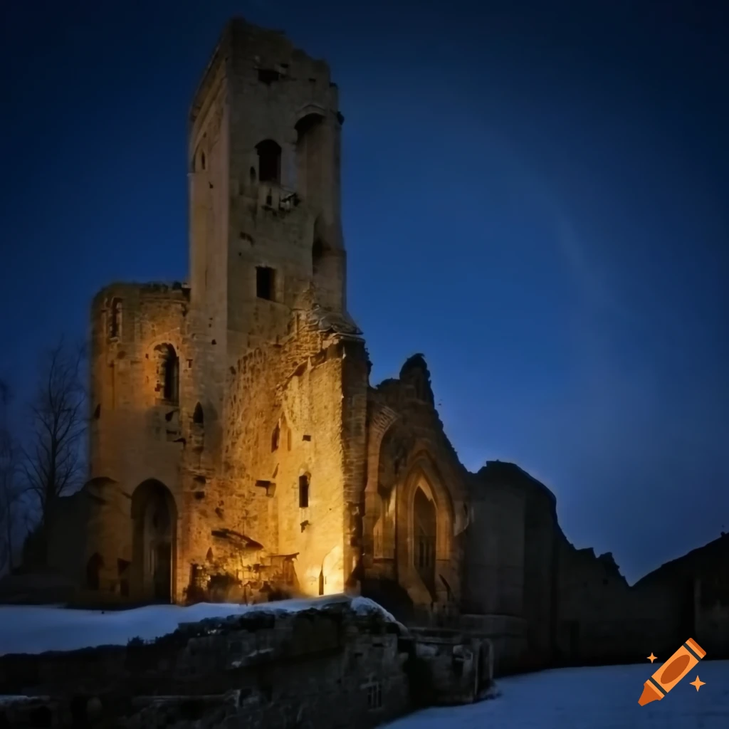 Ruined abbey on a snowy mountain in the moonlight