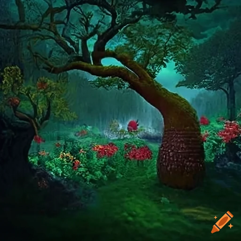Panorama of the fantastical Biblical Garden of Eden with scientific inventions and Paleolithic creatures