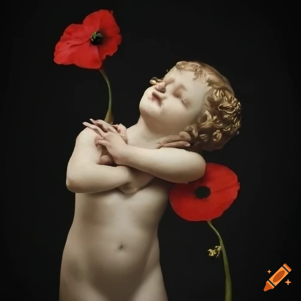 Cherubs holding poppies in a fun hyperrealism view