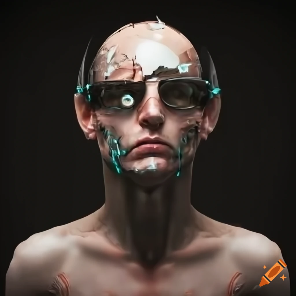 PhotoRealistic image of a male cyborg with crystal goggles