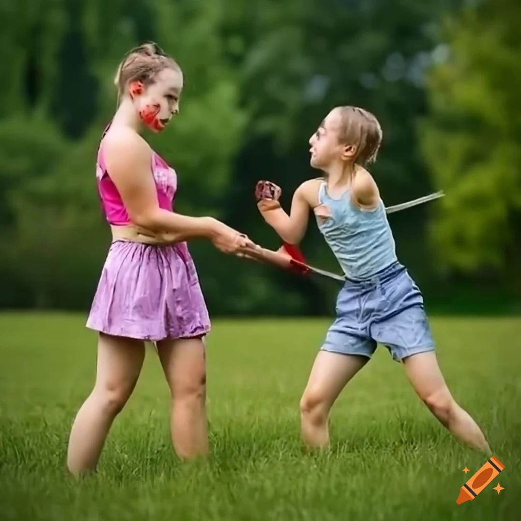 Confrontation between young Courtney and older Megan at a sunny grassy field