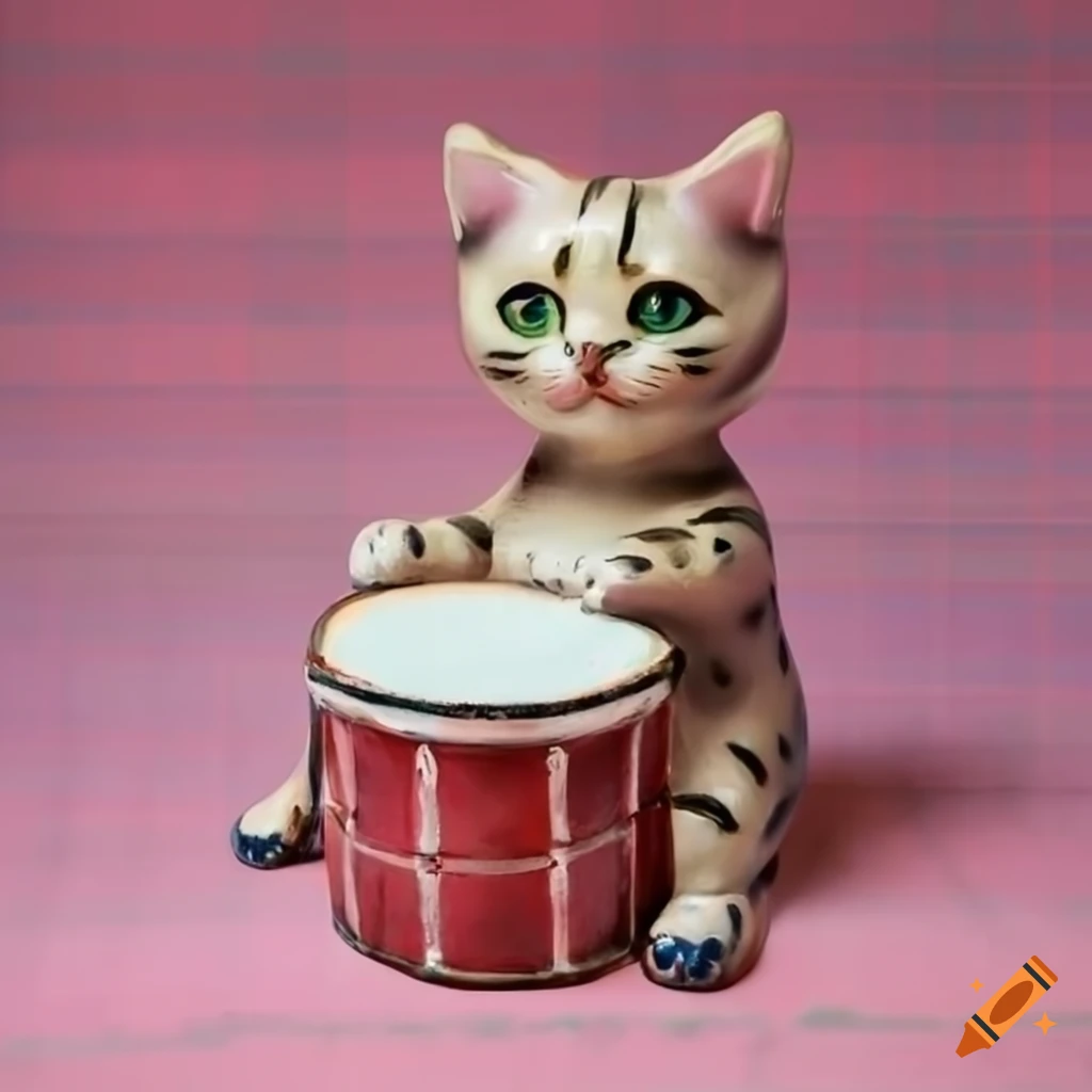 Hand-painted ceramic kitten banging a drum on a pink tartan background