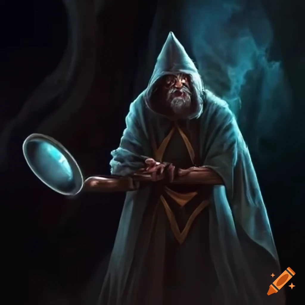 Powerful wizard wielding a frying pan as a weapon