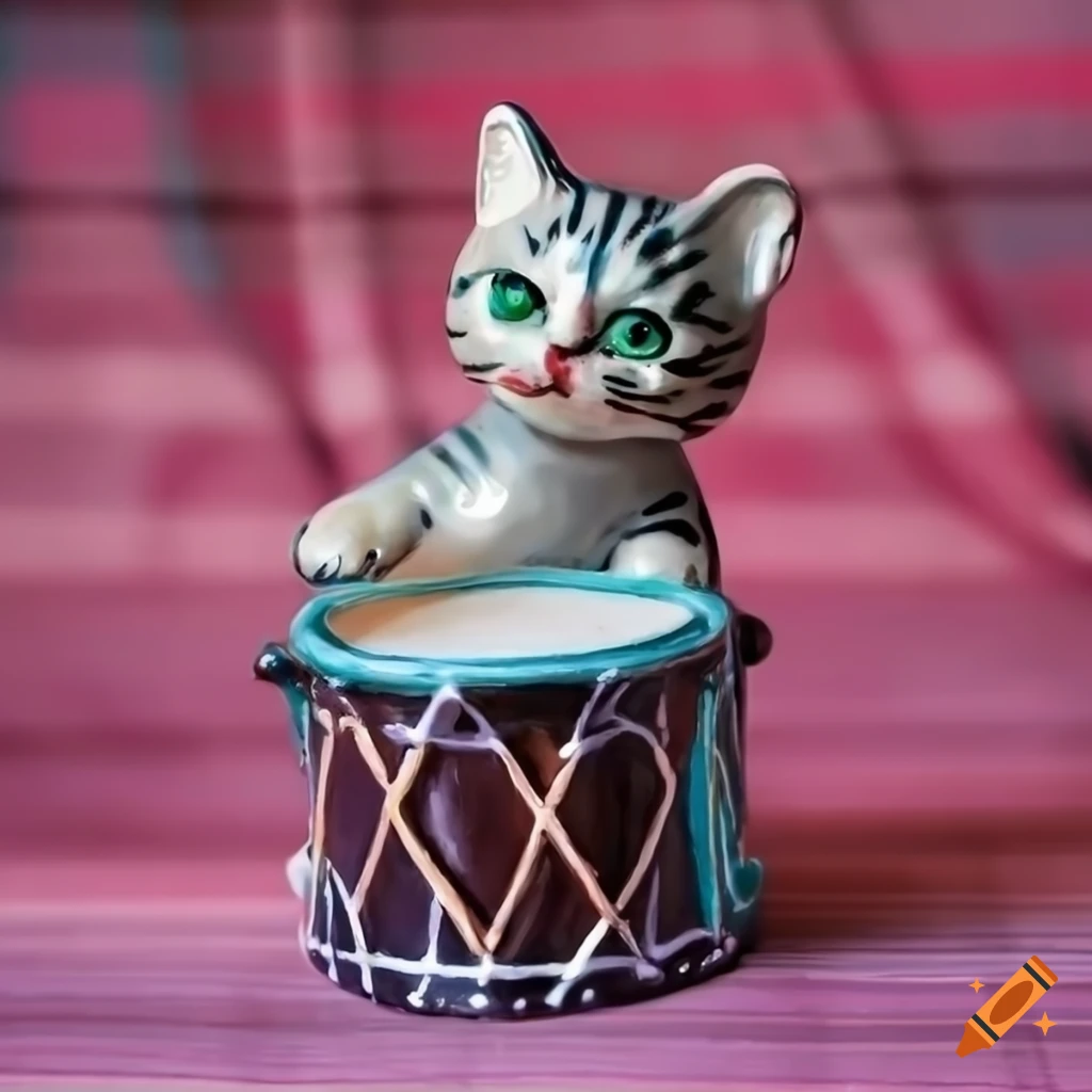 Hand painted ceramic kitten banging a drum on pink tartan background