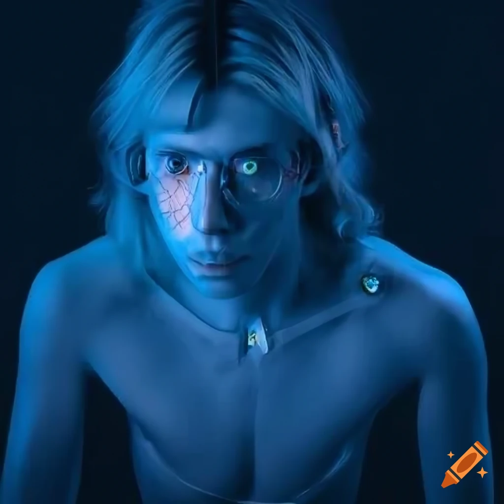 Emaciated male cyborg with glasses under bright white light