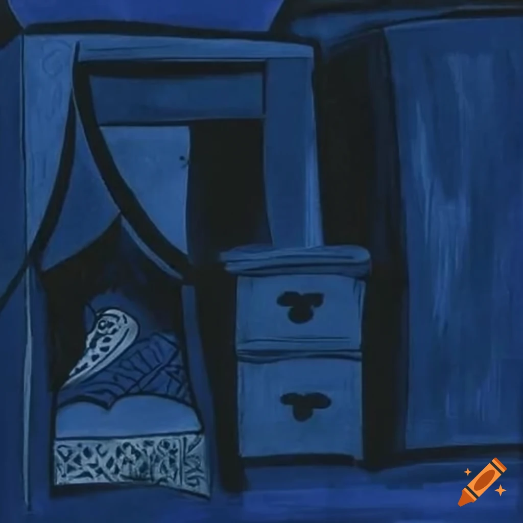 Picasso painting of a hotel room with wardrobe, bed, and bathroom in indigo and black