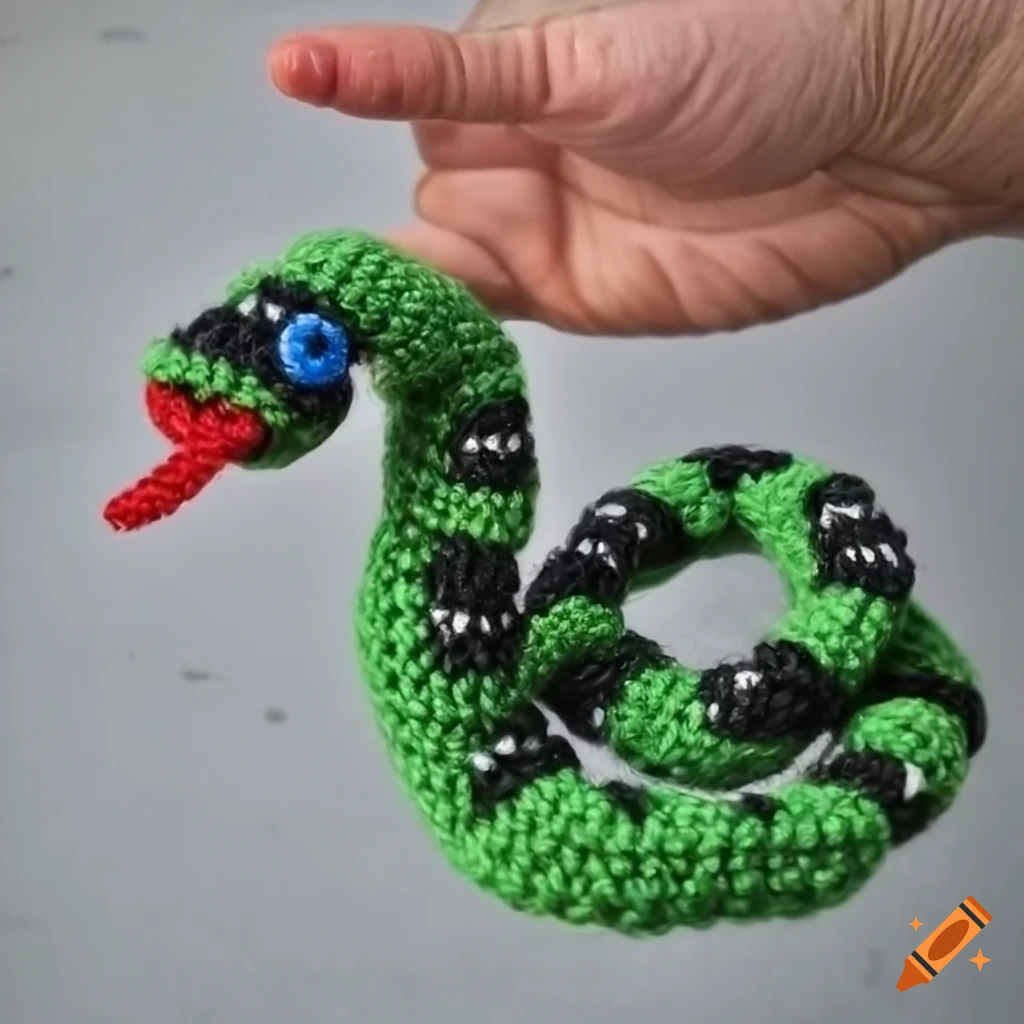 Black and green crochet snake with blue bead eyes and red tongue