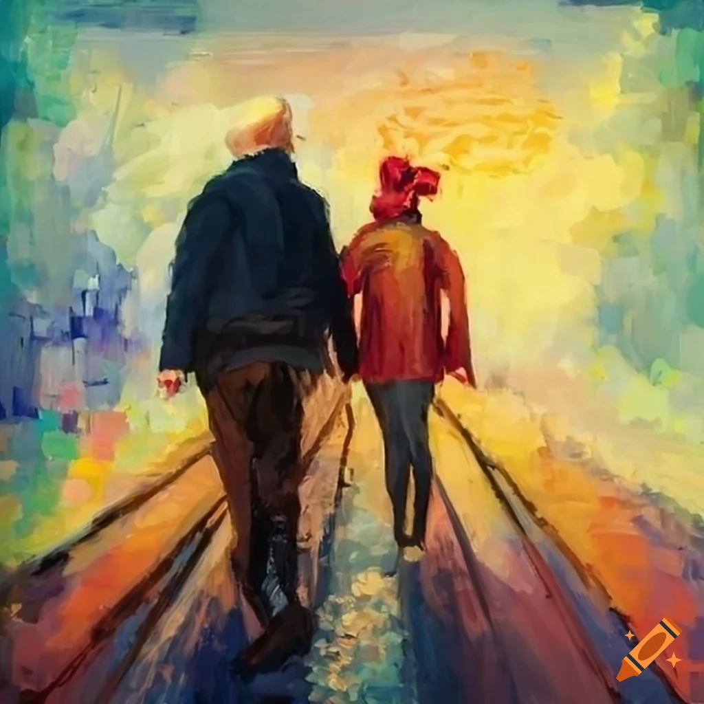 Elderly man and woman running together in an impressionist style