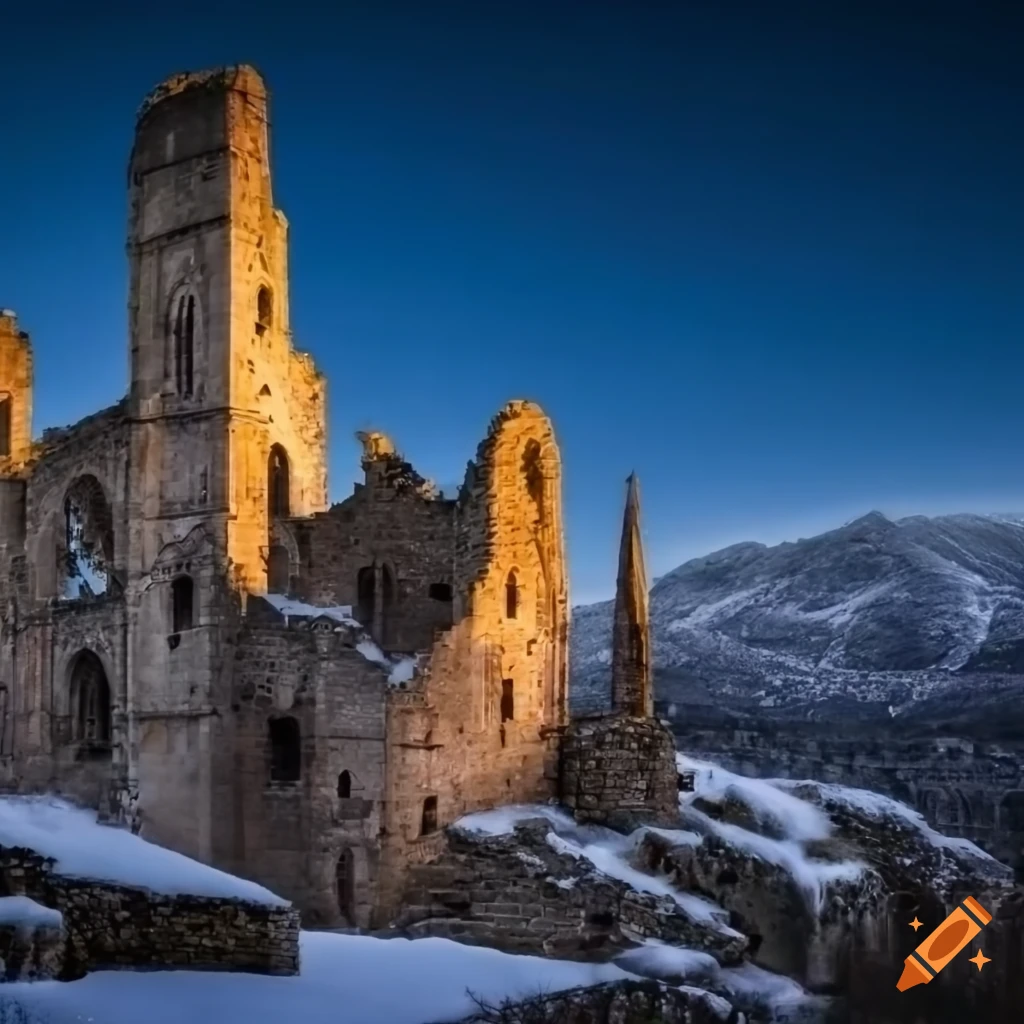 Ruined abbey on a snowy mountain in the moonlight