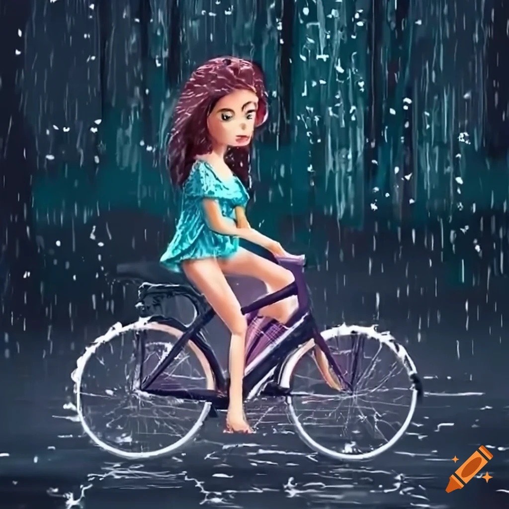 Beautiful girl riding a bicycle on a bridge in the rain