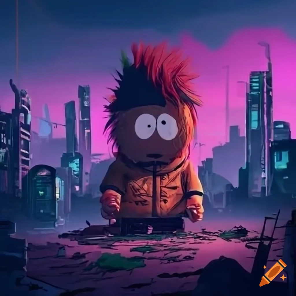 Stan Marsh in a futuristic cyberpunk landscape with ruins