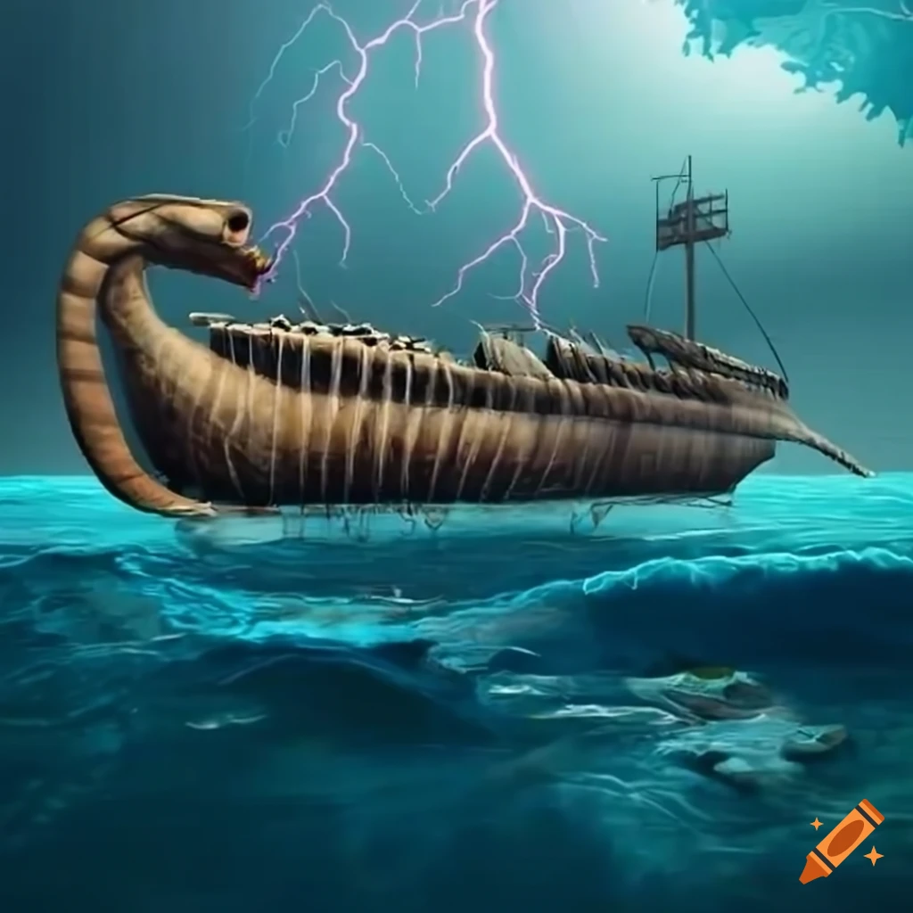 Prehistoric ark with long narrow hull on lograft sailing in stormy sea with lightning