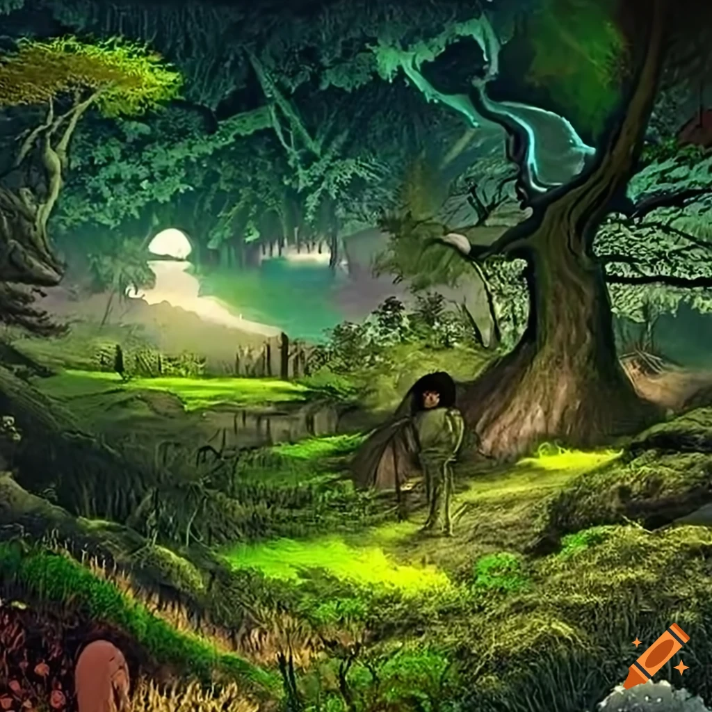 Panoramic view of the Biblical Garden of Eden with ancient inventions and prehistoric creatures