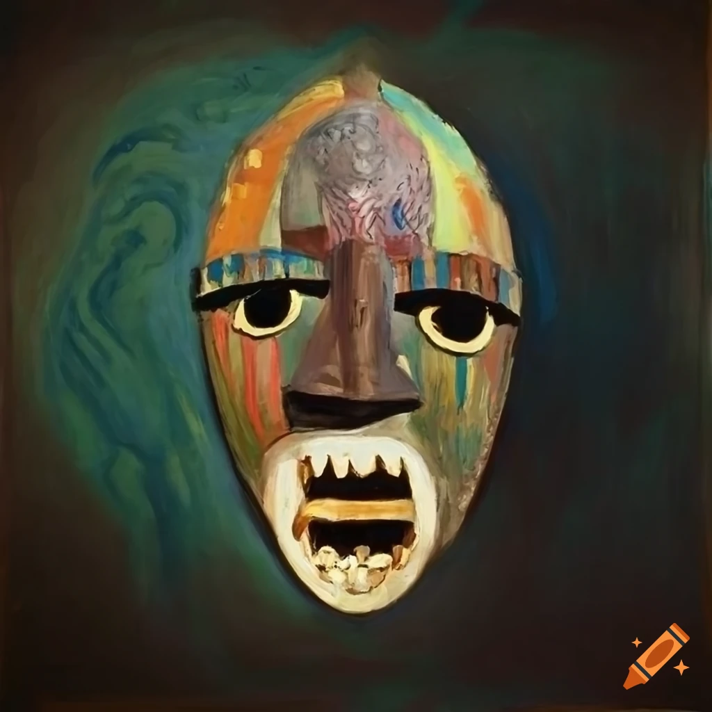 African mask with big teeth in the style of various artists