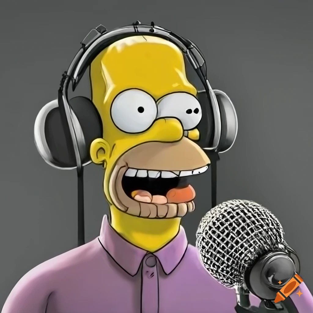 Simpsons character Rolf Störmann broadcasting in a radio studio surrounded by microphones and vinyl records