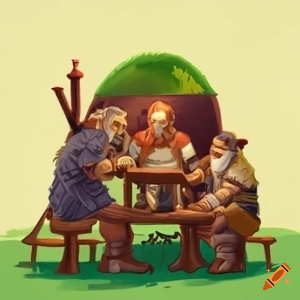 Group of adventurers enjoying a drink in a medieval village