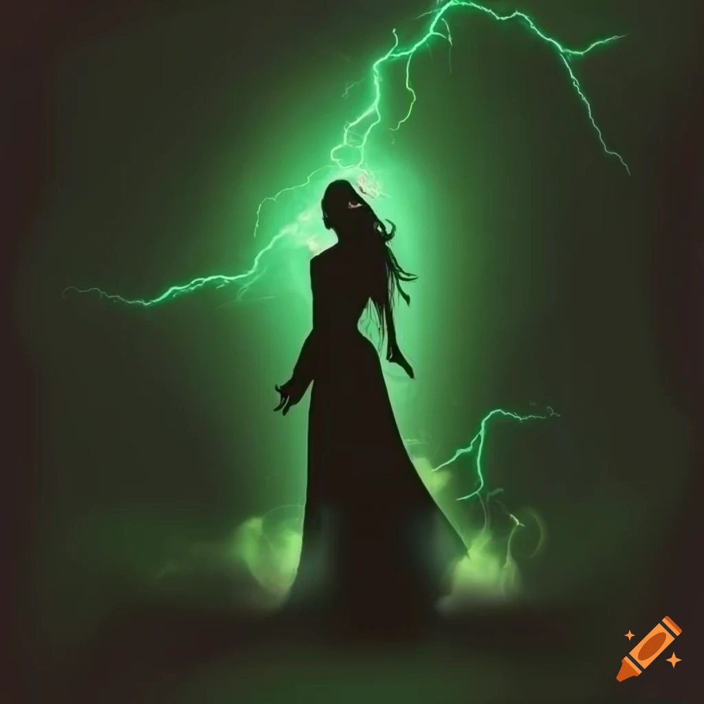 Silhouette of female wizard with green lightning backdrop