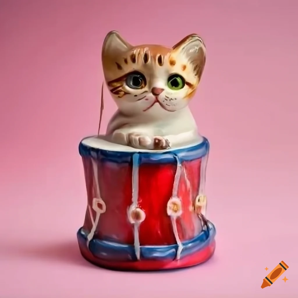 Ceramic kitten playing a drum on pink tartan background