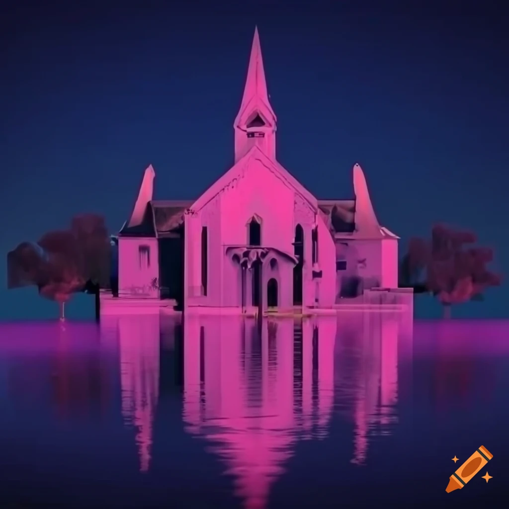 Dilapidated vaporwave church reflected in moonlit pond