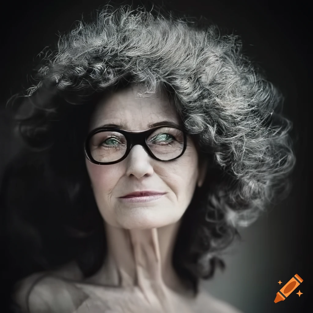Portrait of a 50-year-old brunette woman with short hair wearing glasses