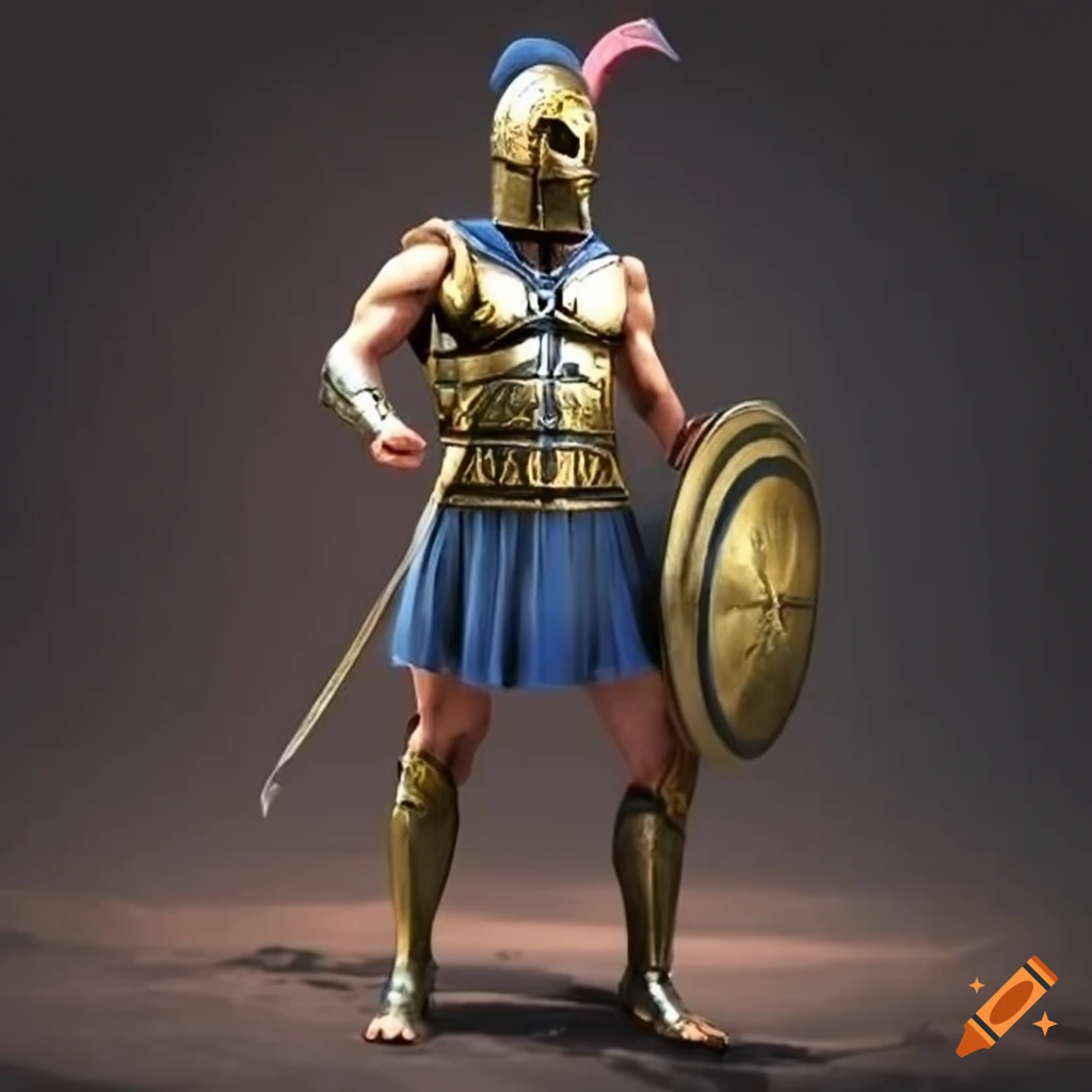 Blue armored Greek Athenian Atlantean hoplite in full body armor