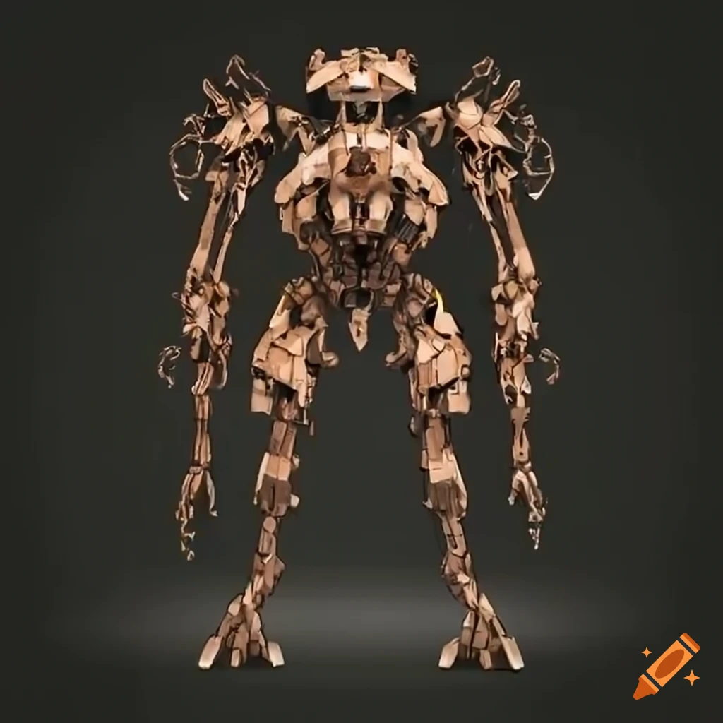 Intricate symmetrical mechanical tree with leaf-inspired exoskeleton on ...