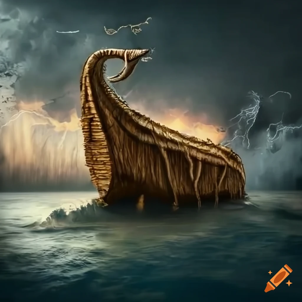 Wooden ark in rough storm crafted with logs and thatch