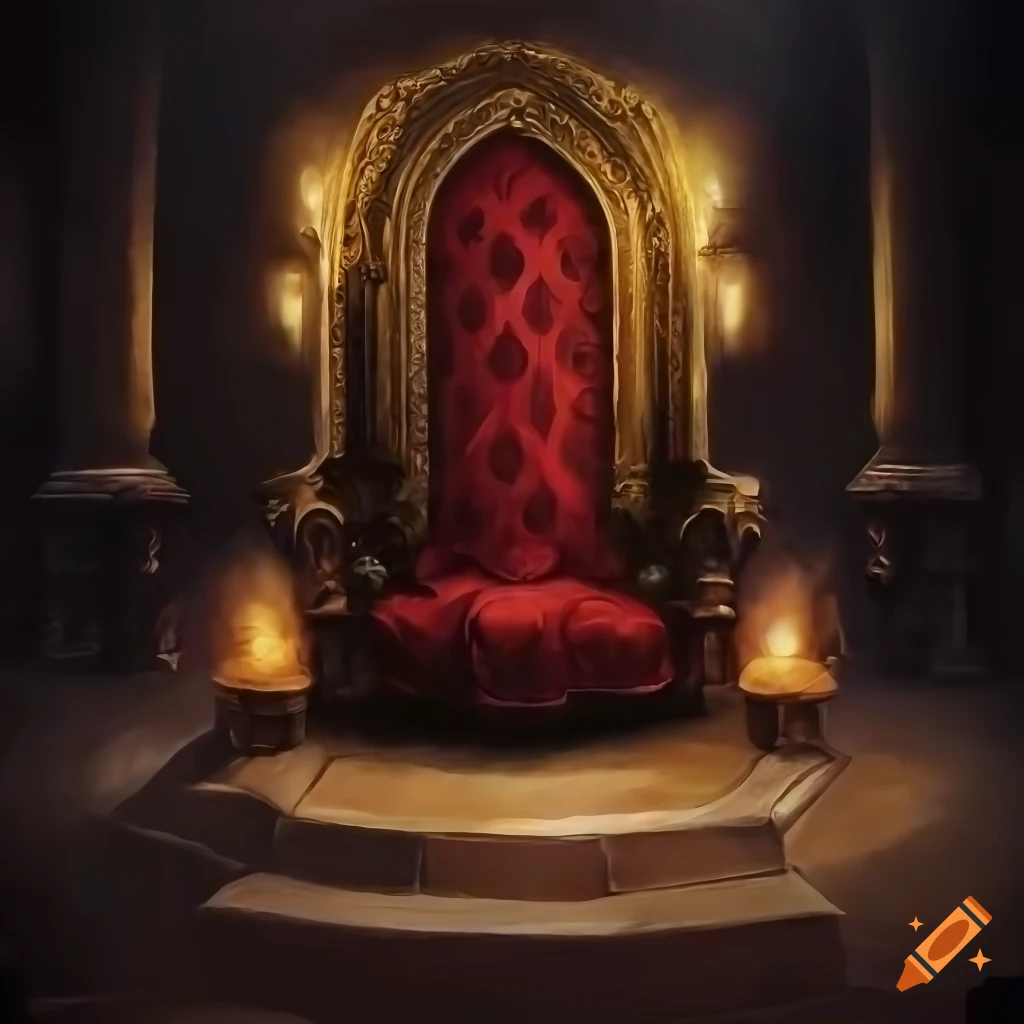 Throne in a medieval castle with torches and realistic lighting