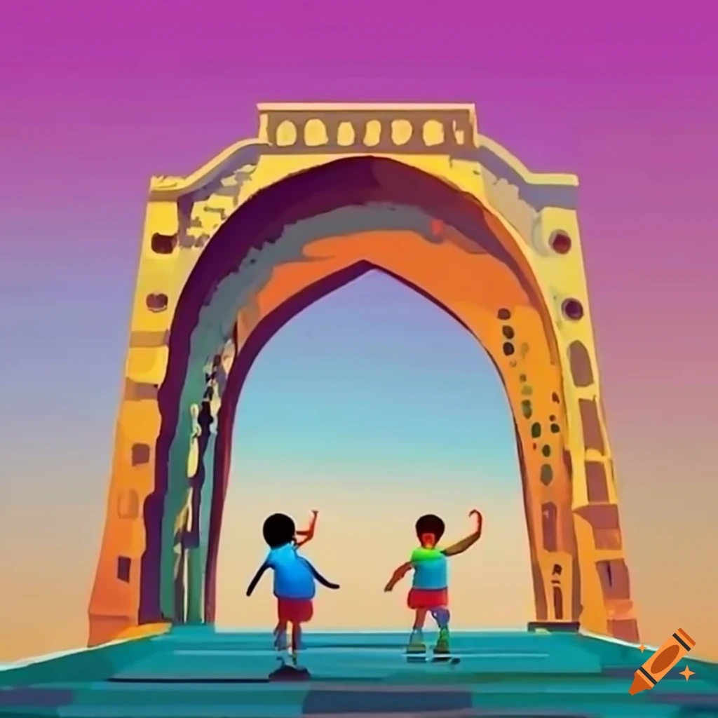 2 boys pointing at a U-shaped arch of a small bridge in Punjab