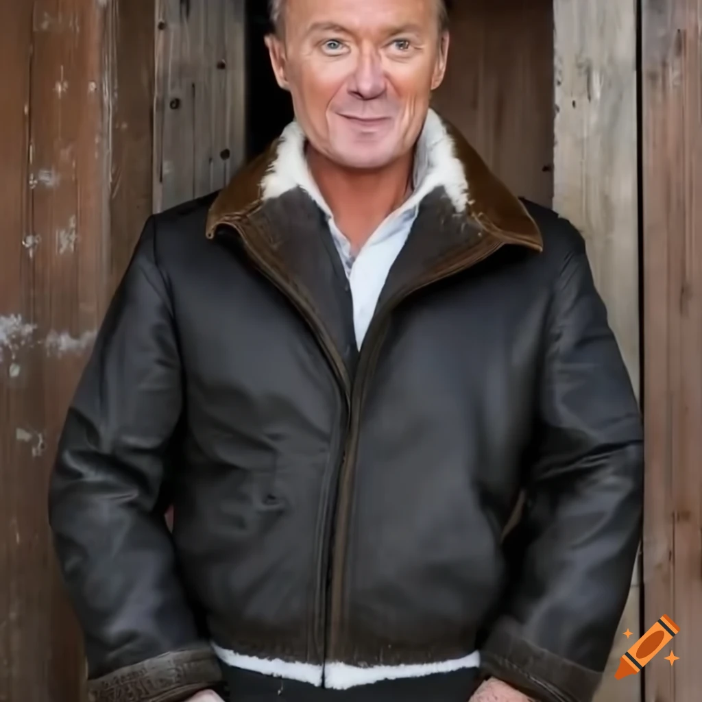 Young man in sheepskin jacket and leather trousers standing in barn doorway